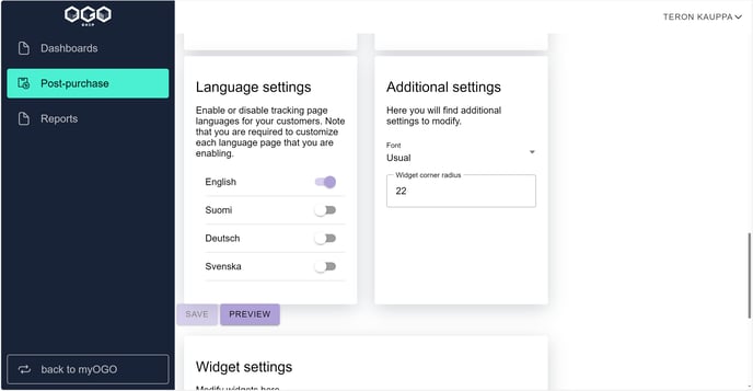 Language and additional settings