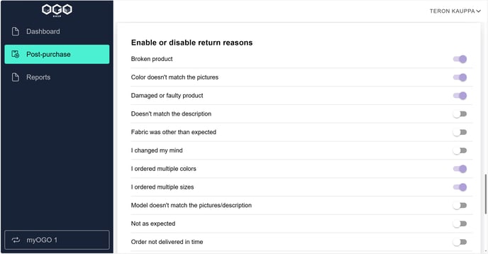 Settings-enable return reasons